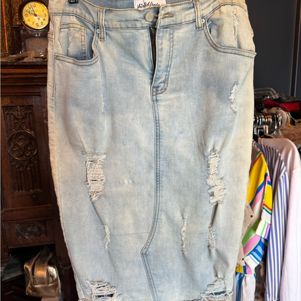 Distressed Light Blue Denim Maxi Skirt